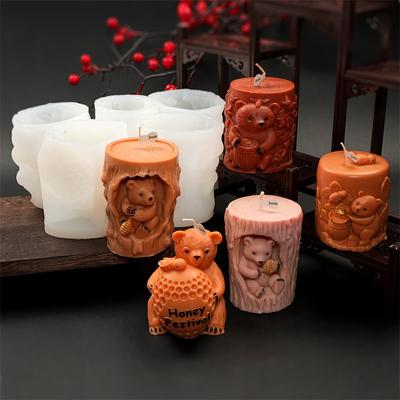 3D Tree Hole Honey Bear Silicone Candle Mold DIY Bear Hug Honey Pot Honeycomb Design Aromatherapy Candles Gypsum Soap Home Decor
