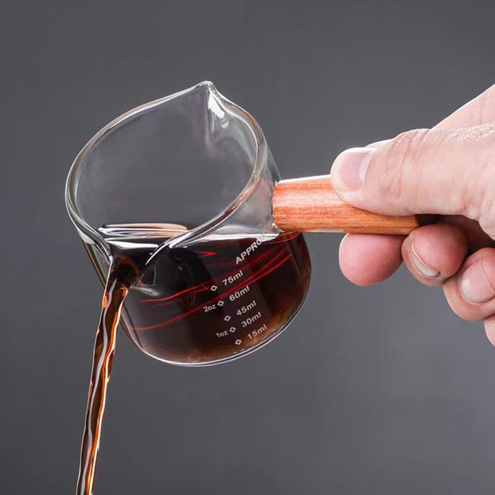 Wood Handle Glass Espresso Measuring Cup Single/Double Mouth Milk Jug Coffee Supplies Transparent Kitchen Measure Mug