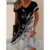 Summer 3D Print Dresses Women Fashion Pullover Short Sleeve V-Neck Dress Casual Retro Flowers Loose Plus Size Female Clothing