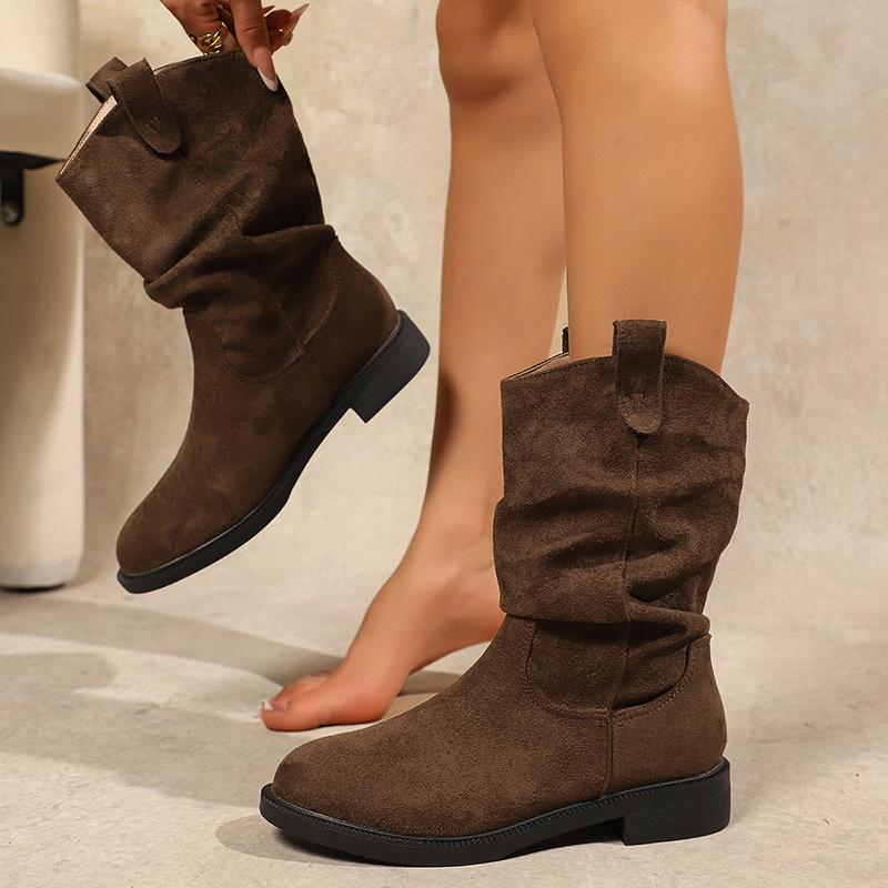 Autumn Winter Low Heel Mid Calf Boots Women  Plus Size Slip On Western Boots Woman Vintage Pleated Design Flock Botas Mujer
