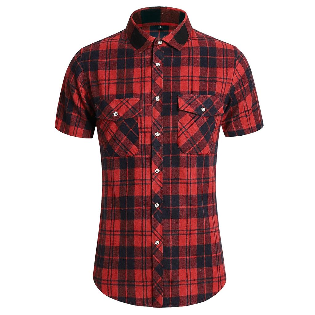 Men's Summer Plaid Double Pockets Short Sleeved Shirts Men's Casual Fashion Short Sleeved Shirts