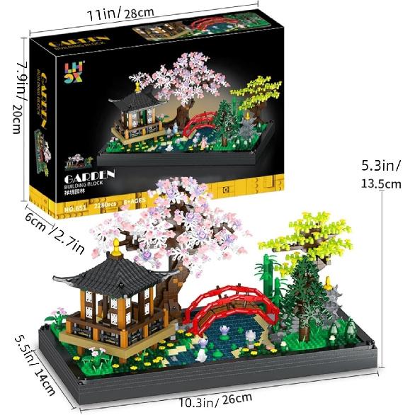 Japanese Zen Gardens and Meditation Cherry Blossom Garden Pavilion Bridge Mini Building Blocks Set Bonsai Trees Building Set for Adults and Kids Toy