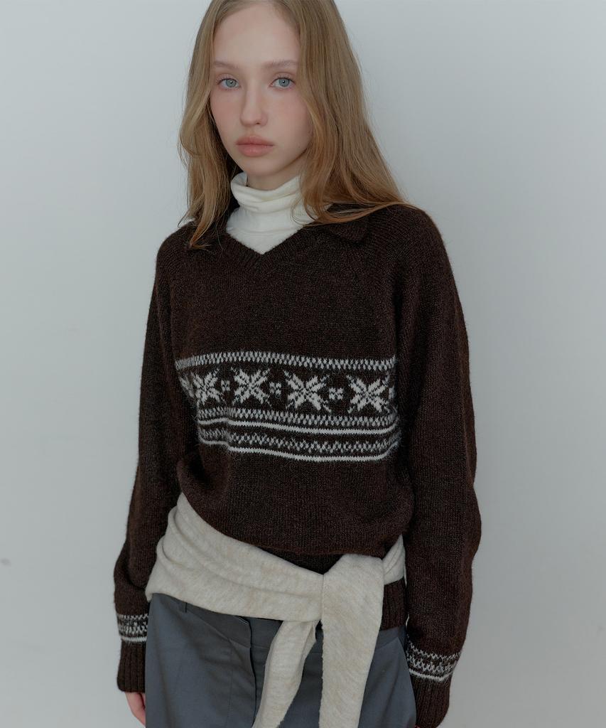 TMAKER Multi-Pattern Open Collar Knit Brown