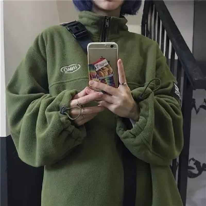 Retro spring and autumn fleece top loose pullover stand-up collar thermal sweater versatile couple jacket tide