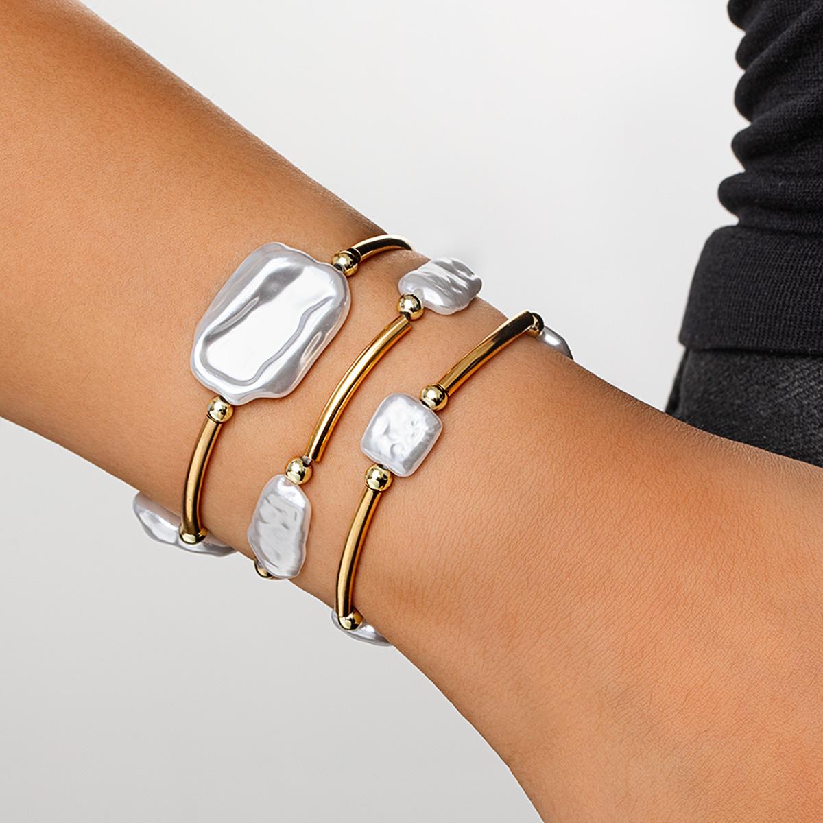 

3 fashionable and elegant shaped imitation pearl bracelets, multiple stacked metal tube elastic thread women s bracelets