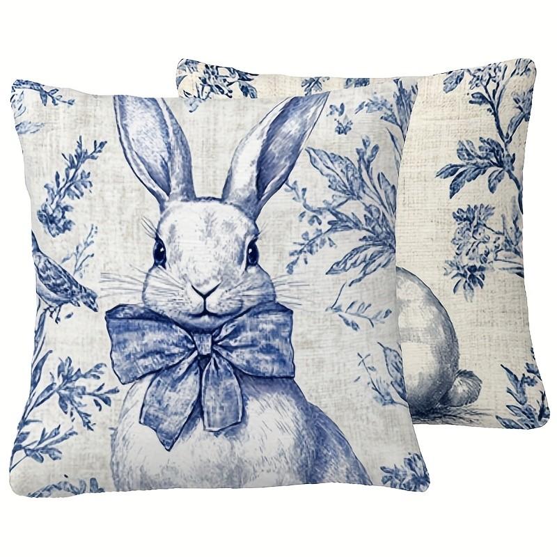Chinoiserie Bunny Pillow Cover, Double-Sided Print Pillowcase,Blue Toile French Country Easter Decor
