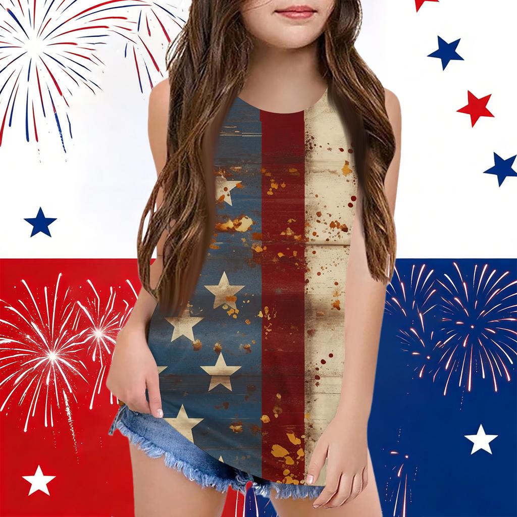 Girls  Kids Summer Crewneck Sleeveless Shirts Tank Tops Independence Day