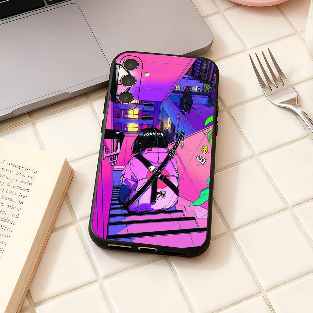 Vaporwave Glitch Anime Luxury Black Phone Case For Samsung Galaxy S23 S24 S25 Ultra S22 Plus S21