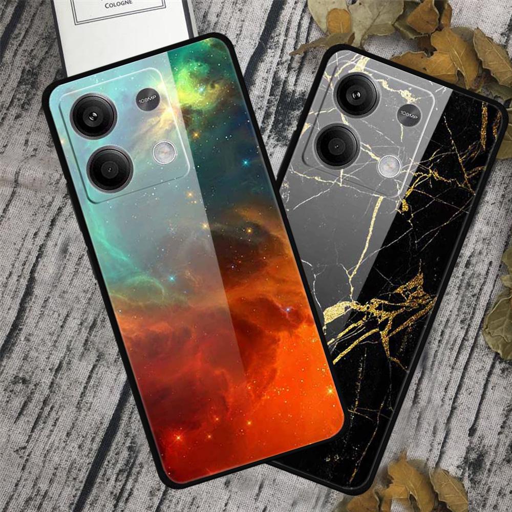 

For Xiaomi Redmi Note 13 5G Case PC+Tempered Glass+TPU Pattern Printing Phone Cover Luminous Lotus