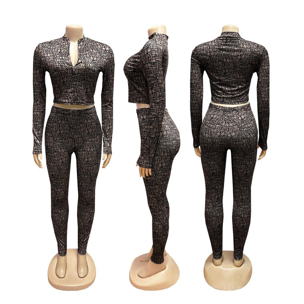 European & American Women's Spring/Autumn Half-High Collar Zipper Cropped Top with Long Sleeve & High-Waisted Pants Two-Piece Set