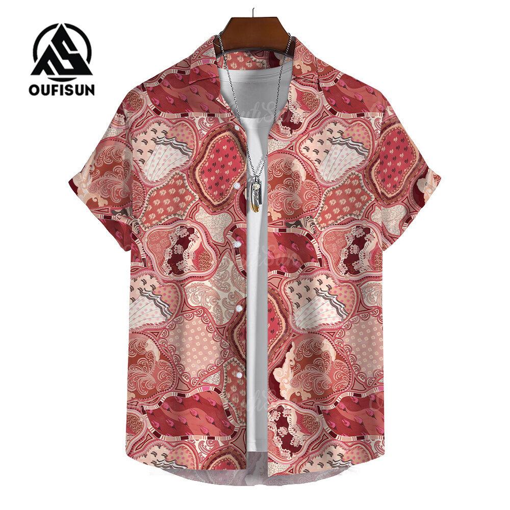 Summer Fashion Bohemian Style Patchwork Print Tops Men's Short Sleeve Casual Shirt Tops Vacation Travel Oversized Shirts