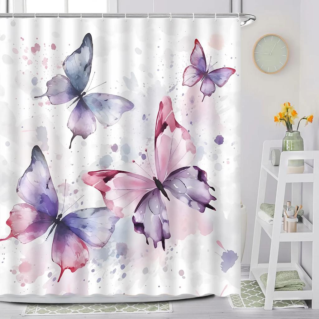 Butterfly Shower Curtain, Spring Flower Watercolor Farm Daisy Purple Flower Modern Simple Aesthetic Printed Bathroom Decoration