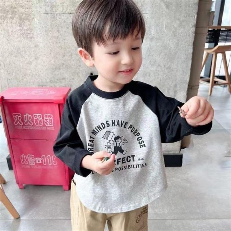 Pure Cotton Color Block Kids Long Sleeve Crew Neck T Shirt For Boys And Girls