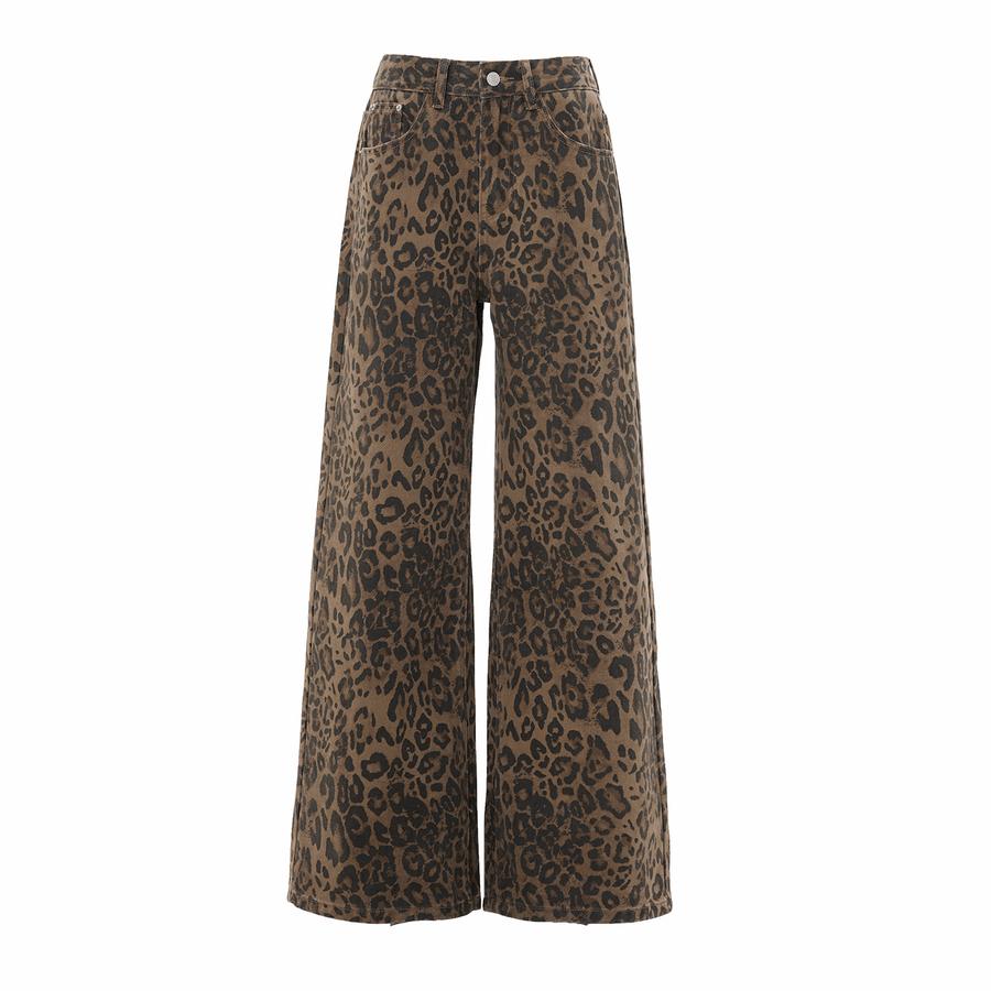 American Streetwear Retro Leopard Casual Pants Women Autumn Winter Fashion Design Versatile Slim Fit Wide Leg Long Pants