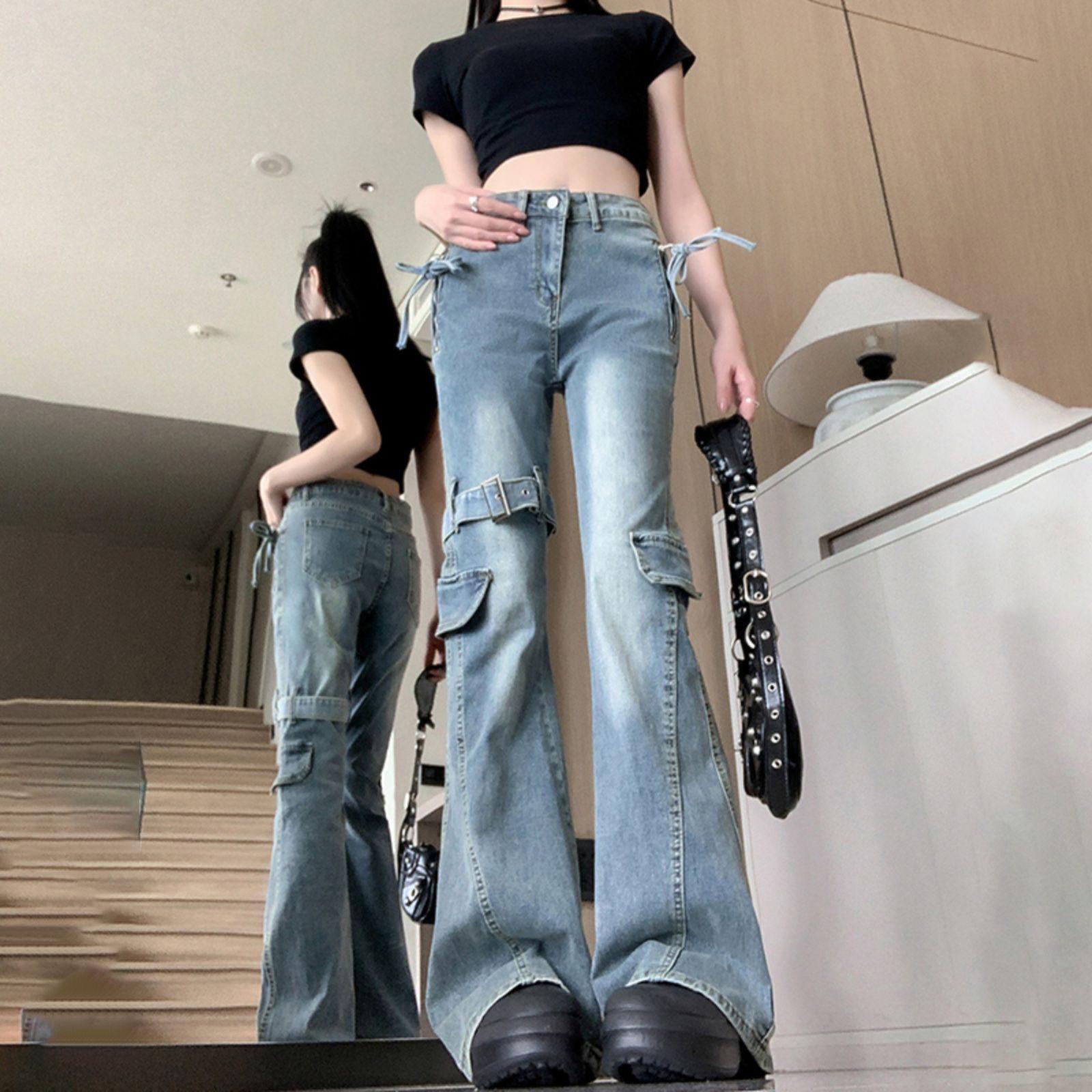 American Retro Bow-Tie Flare Patchwork High-Waisted Slimming Jeans S