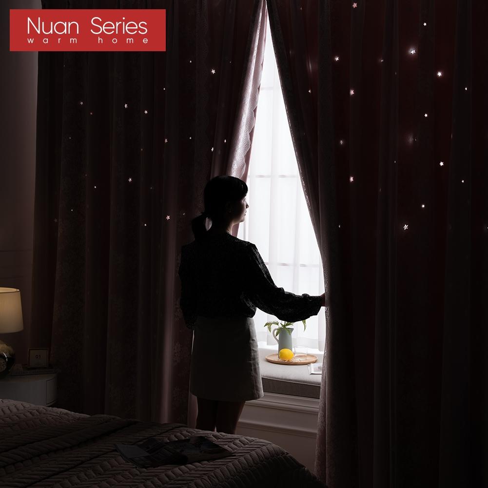 A Set of Nuan Series Hollow Star Blackout Curtain and Lace Sheer Curtains Integrated Gauze Curtain and Curtain for Living Room Bedroom Home Decor