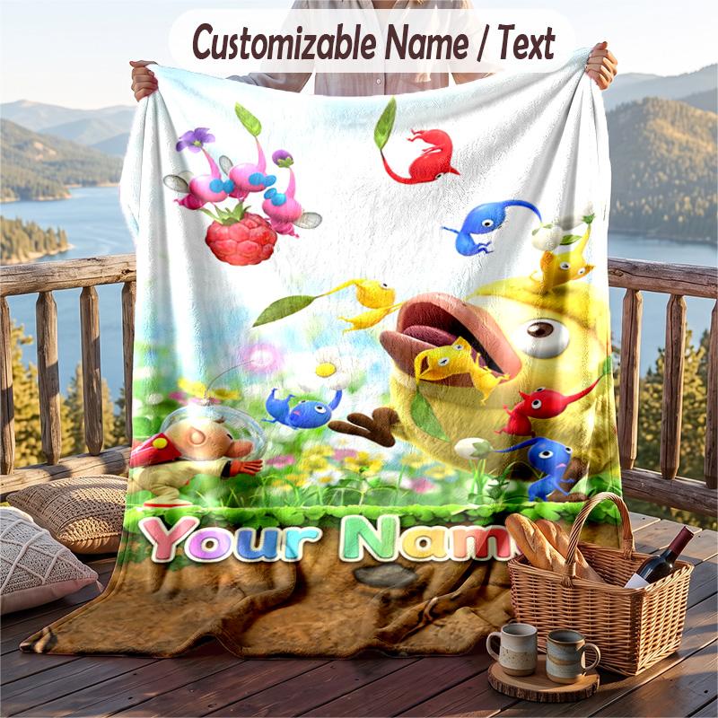 Custom Text Flannel Throw Blanket, Lightweight Cozy Bed Sofa BlanketPikmin