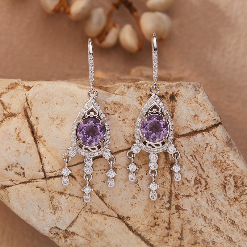 

Fashion Luxury Tassel Natural Garnet Topaz Amethyst Citrine Color Treasure Ear Hook Earrings Women