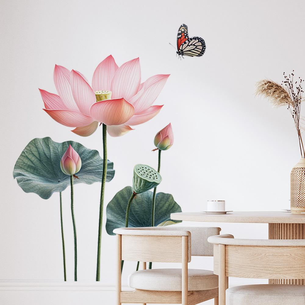 Vintage Lotus Flower Self Adhesive Wall Sticker for Living Room TV Background Bedroom Room Decor