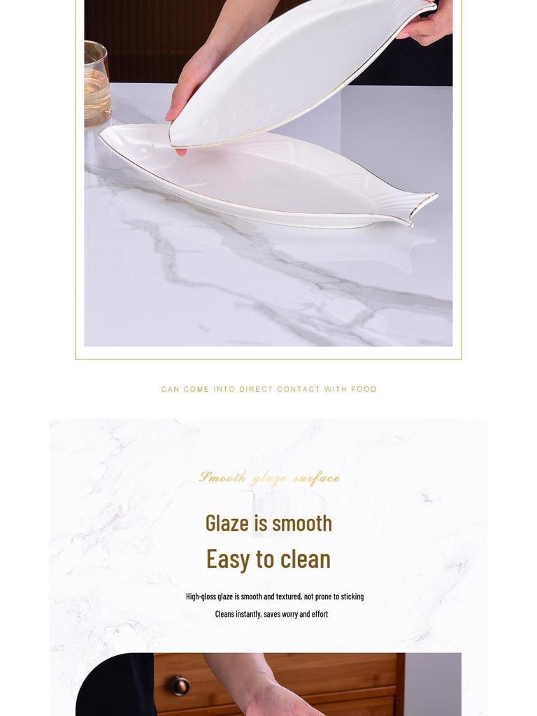 Gold-Rimmed Nordic Fish-Shaped Ceramic Plate for Steamed Fish - Large Household Dish