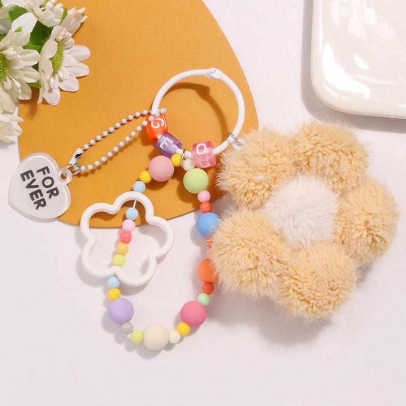 Lovely Plush Flower Keychain Creative Colorful Bead Chain Keyring For Girls Cute Backpack Pendant Bag Decoration