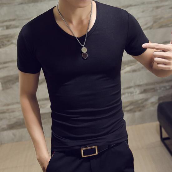 V-Neck Short Sleeve Thin Men T-shirt Summer Solid Color Slim Fit Tee Top Streetwear