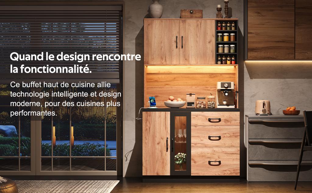 105 × 40 × 180 Cm Modern Kitchen Tall Cabinet, Black and Wood Look with LED Lighting, Adjustable Shelves and Euro-Style Socket