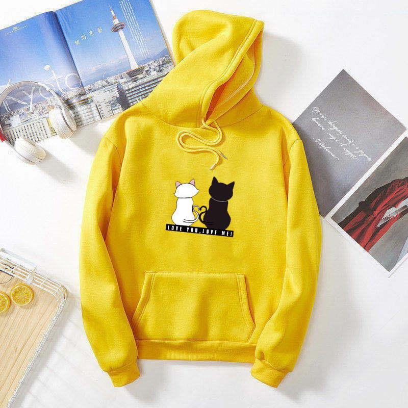 Winter Herbst Samt Warm Frauen Mit Kapuze Lose Katze Druck Casual Sweatshirt