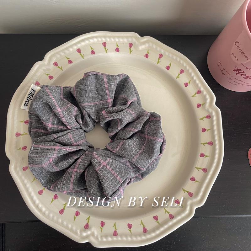 Korean Style Purple-Gray Plaid Large Intestine Scrunchie - High-End Hair Accessory for Daily Wear