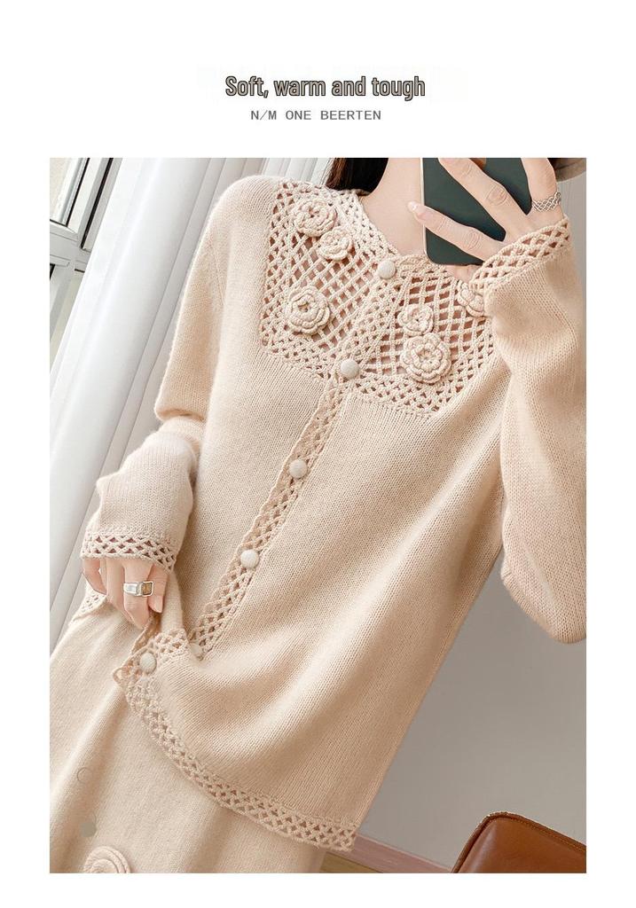 Women's Handmade 100% Mercerized Wool Cardigan - Round Neck Hollow Out Design for Autumn/Winter