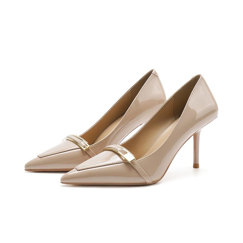 8-Beautiful one-word metal buckle high-heeled single shoes femininity not tired feet pointed stiletto high heels women