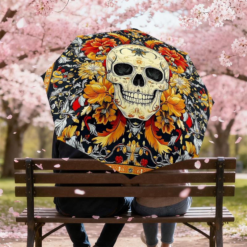 1PC Skull Flowers Umbrella-8-Rib Reinforced Portable Folding Travel Suitable for All Seasons Outdoor Daily Use Is an Ideal Choice  -K0353