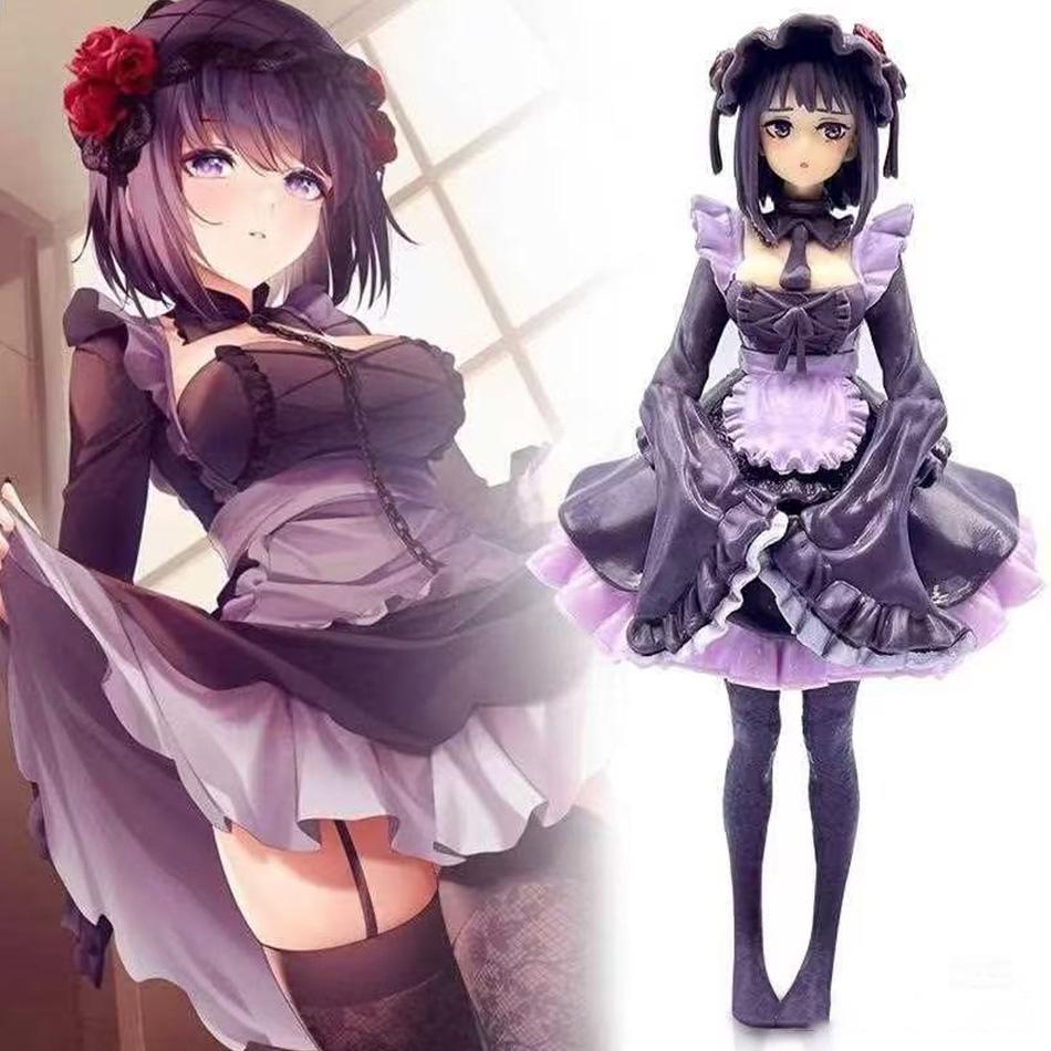 Gothic Lolita Anime Girl Figure – Detailed Pvc Collectible Statue, Black Maid Dress With Purple Ruffles Rose Headwear Characte