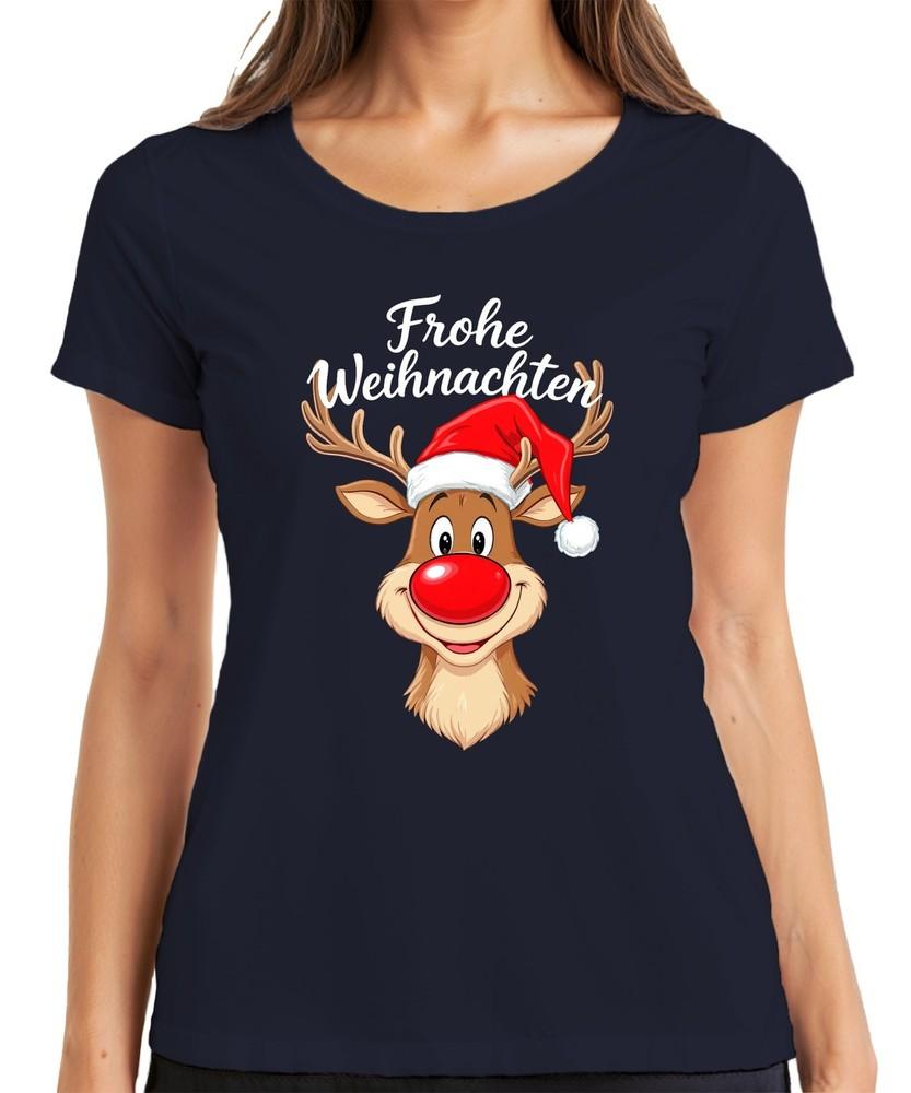Merry Christmas Rudolph Red Nose Santa Hat Kids Funny Ladies TShirt S
