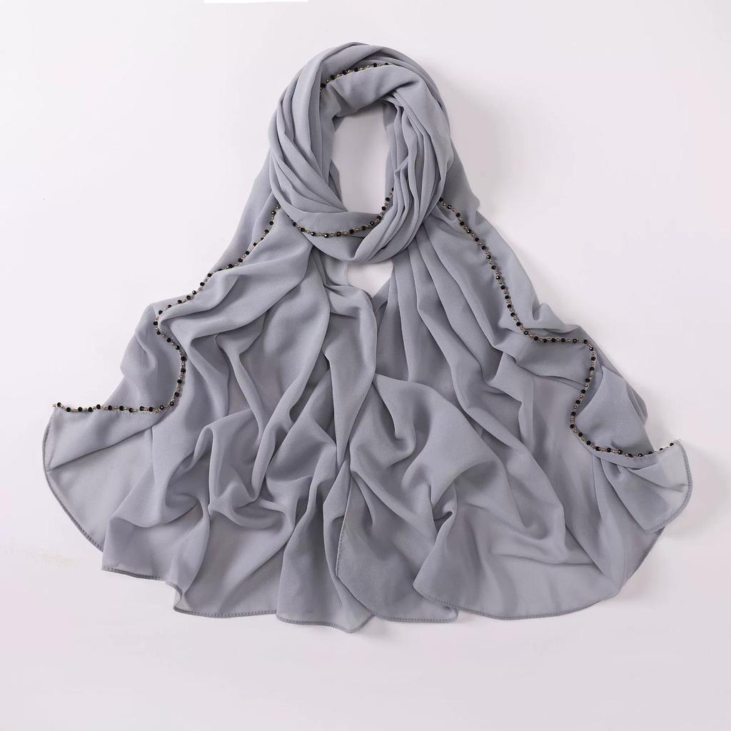 New Pearl Chiffon Hijab Scarf Copper Chain With Black Crystal Pearls Women Muslim Fashion Hijabs For Women Ramadan Turban Femme