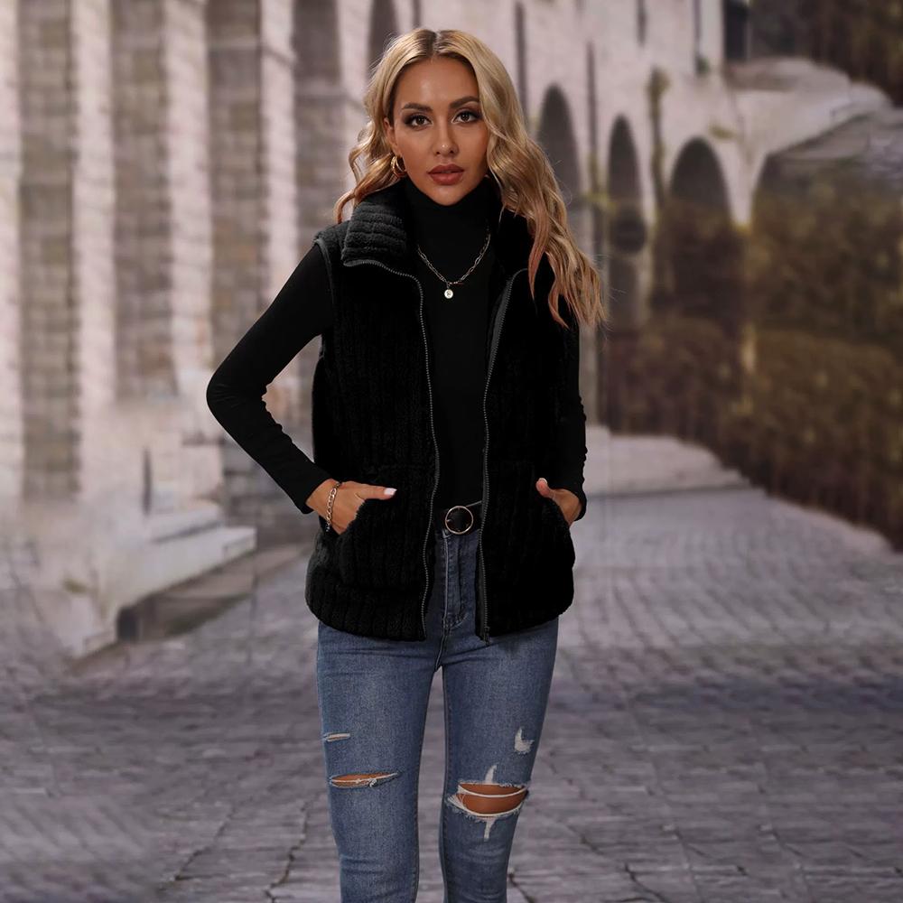 Dames Herfst en Winter Revers Mouwloos Los Gestreept Rits Pluche Kort Casual Gilet Jas XL black