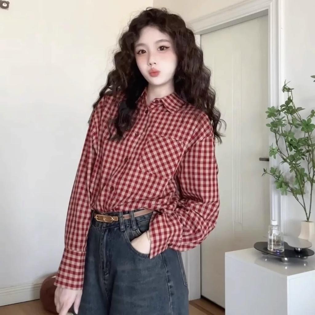 Korean retro red plaid shirt jacket women's spring and autumn casual loose temperament design sense sunscreen shirt top