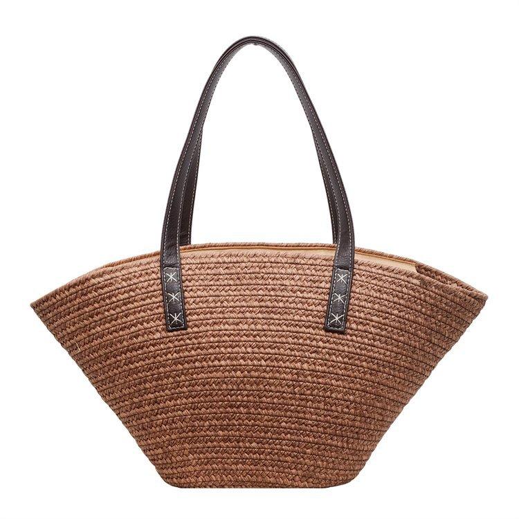 

Плетеная соломенная сумка-тоут с кожаными ручками, большая вместимость, летняя пляжная сумка, женская повседневная сумка, для ежедневного использования коричневый/чёрный