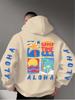 Men's casual hooded sweatshirt with a four-panel hand-painted Palm Beach pattern and ALOHA logo print, perfect for fall and winter wear.