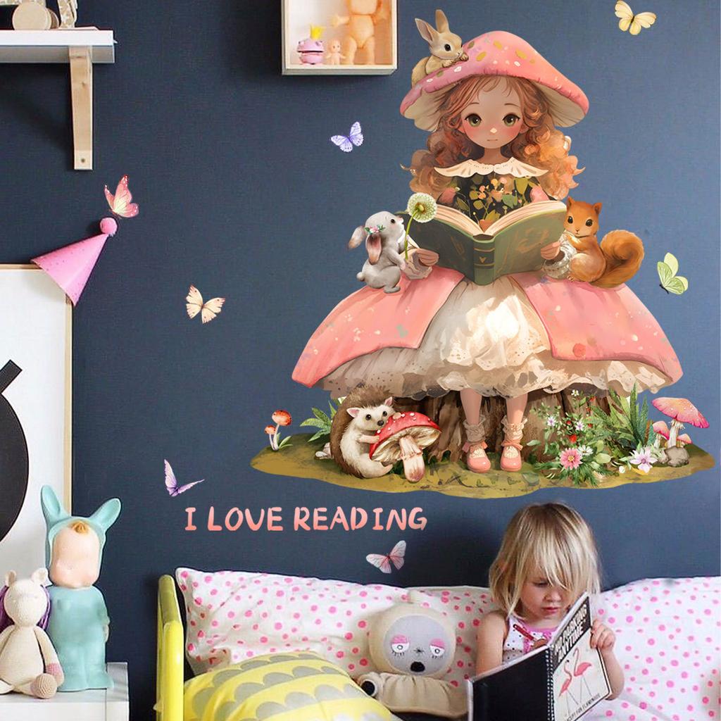 Cartoon Girl Butterfly Squirrel English Wall Sticker Children's Room Home Decoration Pvc Self-adhesive Wall Sticker