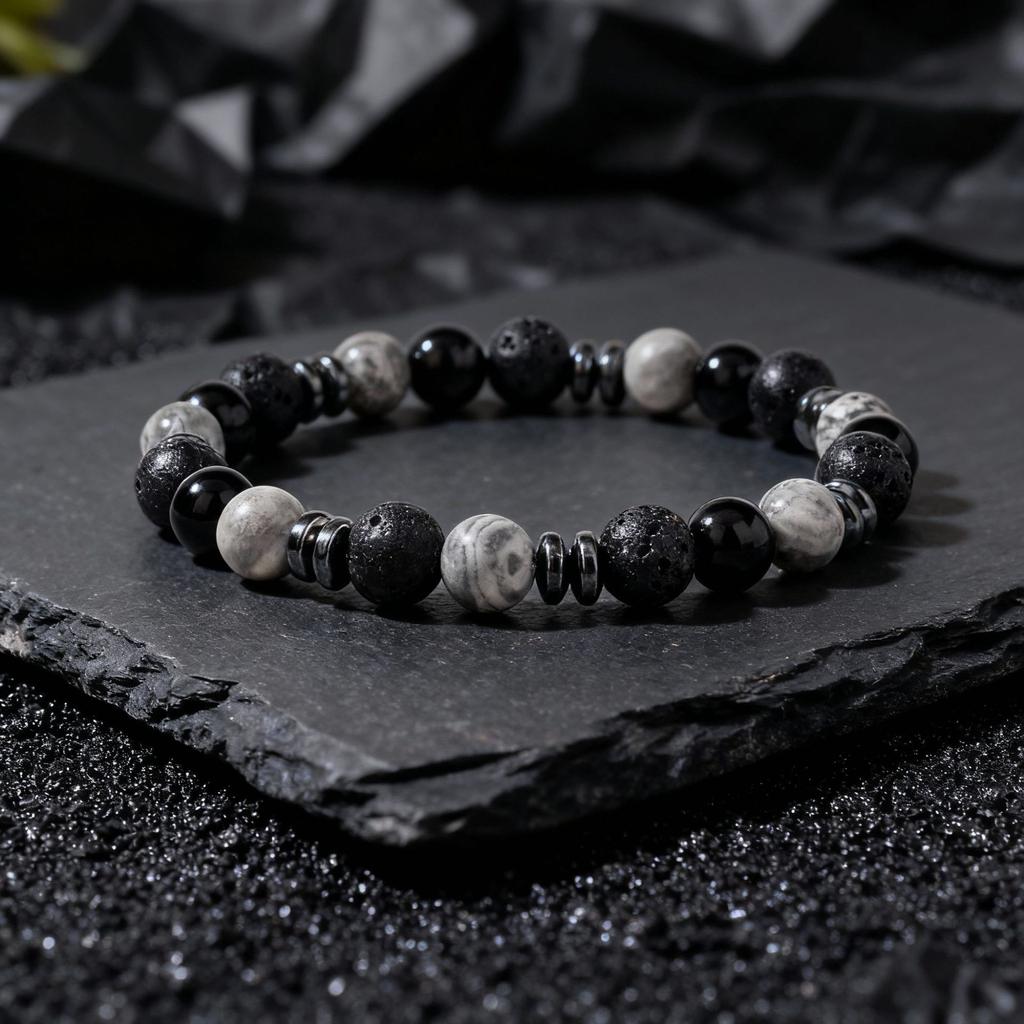 Sváteční Dárky Náramek z Korálků Černý Onyx, Lávový Kámen, Mapový Kámen a Hematit Odvážné Módní Šperky Pro Muže Denní Nošení Jednoduchý Všestranný Doplněk