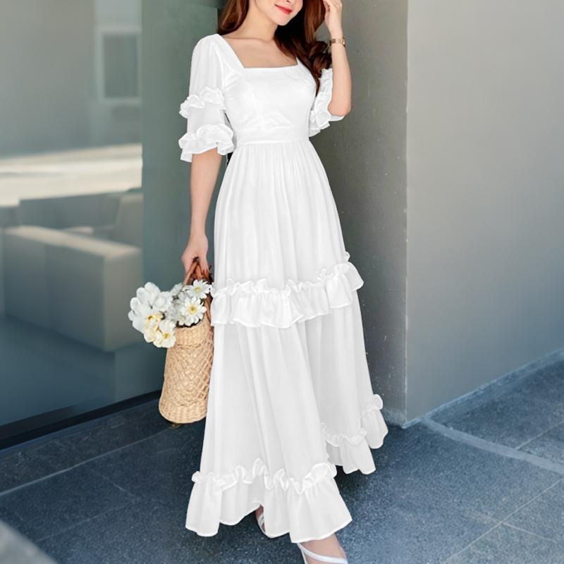 ZANZEA Women Elegant Casual Square Collar Summer Short Sleeve Long Dress M