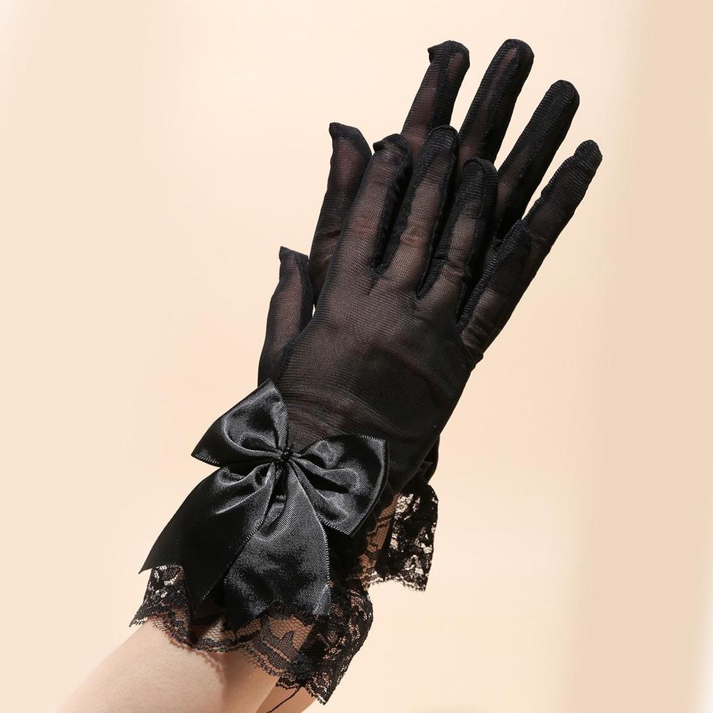 Bridal Wedding Dress Gloves - Women's Short Black Mesh with Lace Trim and Bow