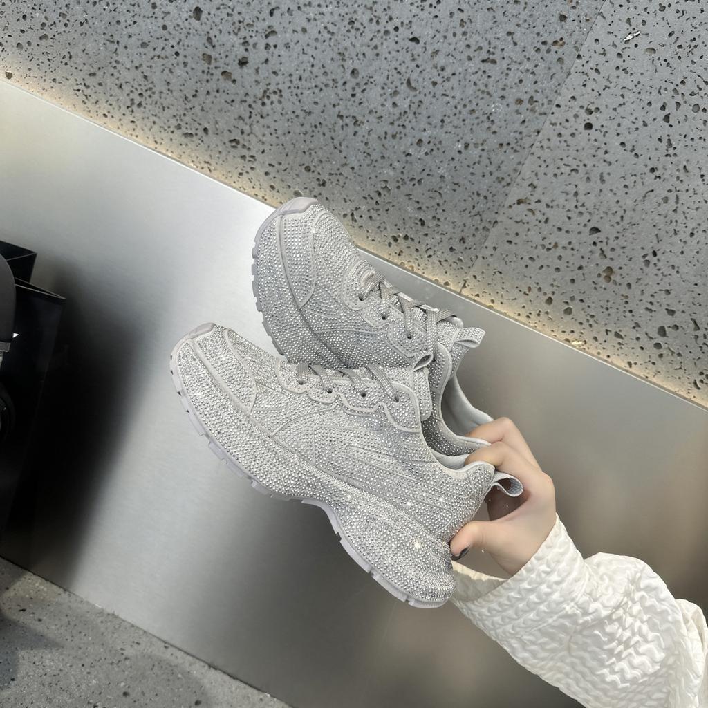 Fashion Youth Girls Chunky Crystal Sneakers Women Fashion Casual Breathable Height Increased Flat Platform Bling Bling Shoes Footwear