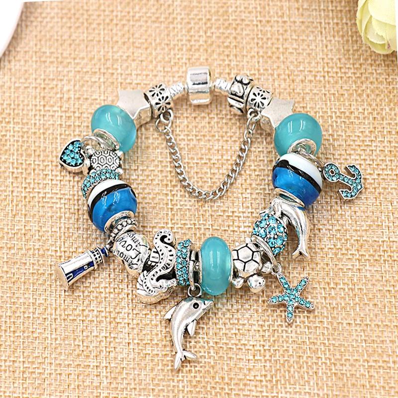 Klassisches Design Delfin-Charm-Armbänder und Armreifen für Frauen, Schmuckgeschenk, blaues Murano-Kristallglas, DIY-Perlenarmbänder