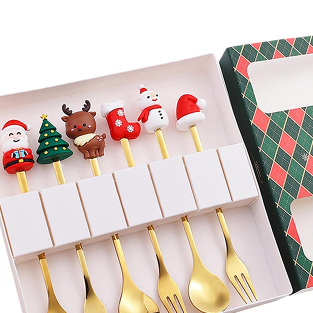 6Pcs Christmas Coffee Spoons Forks Set Cutlery for Stirring Sugar Home