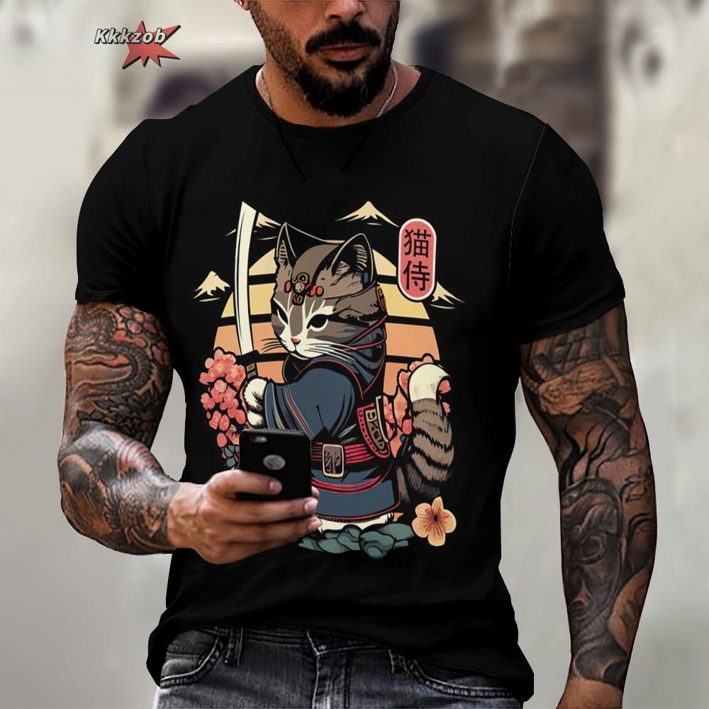 Animal Warrior Cat Print Short Sleeve Pattern Men's T-shirt 3D T-shirt Harajuku Tops Fun O Neck Pullover Summer Men's Casual Clo
