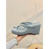 Mint Camellia! Temperament Suede Square Head Metal Buckle Slope Heel Flip-flops Female Summer Toe Thick-soled Slippers