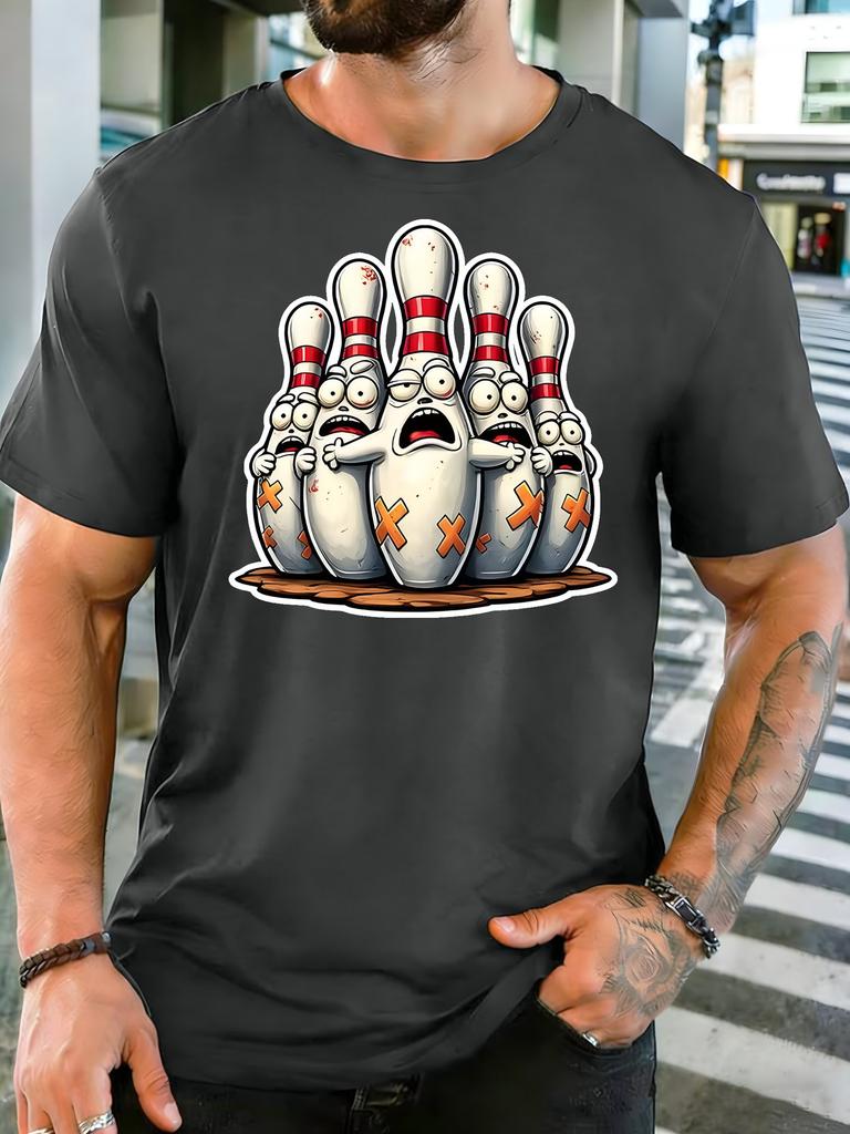 Unisex Funny Scared Cartoon Bowling Pins Graphic Cotton Short Sleeve Tee Crew Neck Soft Male Summer Casual Breathable Street Top