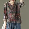 Stylish Shirring Drawstring Blouse Spring Autumn Folk Printed Chinese Disc Buckle Female Clothing Loose Casual V-Neck Shirt